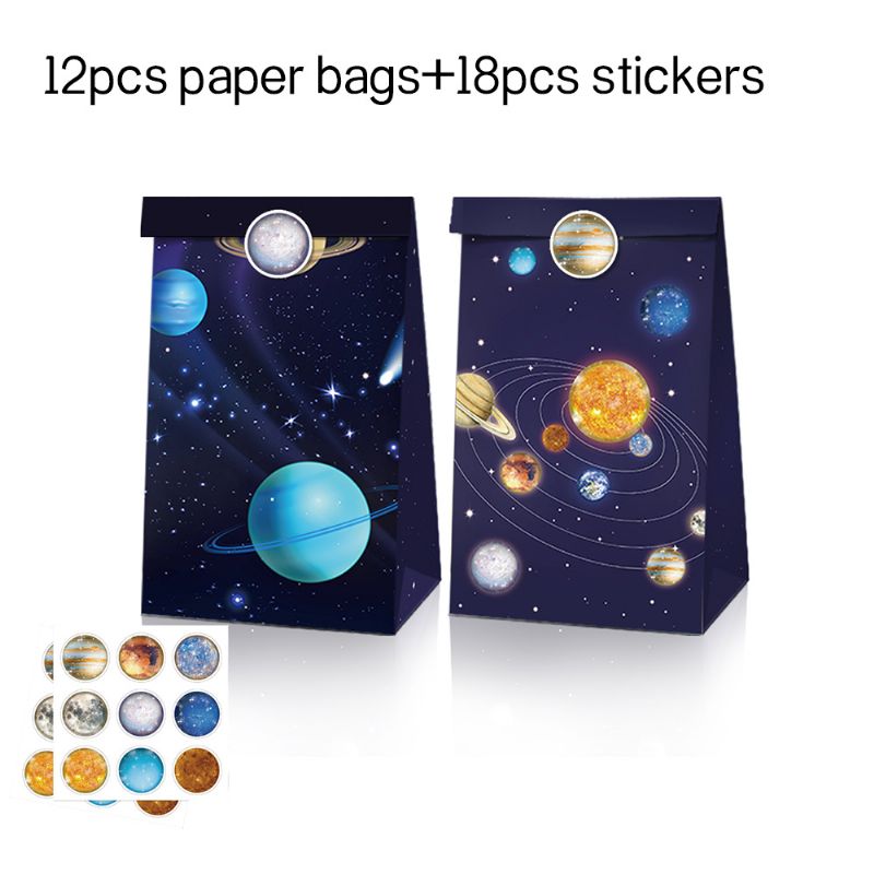 12 St/set Blue Space System-tema Papperspåsar Med Klistermärken Godis & Kex Packpåsar För Barn Cool Nattstil Presentpåsar För Pojkar Goodiebags Goodybags