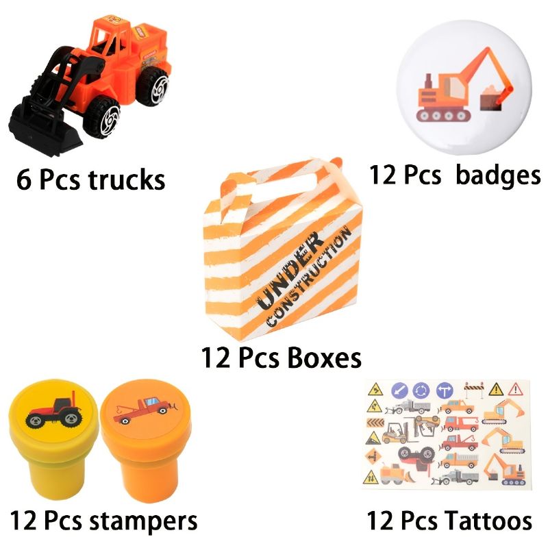 Konstruktion Födelsedagsfest Favors Set Bygglastbilar Favor Stampers Märken Tatueringar Goodie Bags För Klassrumsbelöningar Karneval Priser Set Presenter För Barn Pojkar Flickor - Servera 12 Gäster