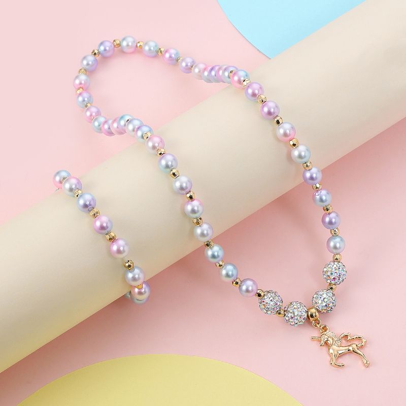 Barn Flickor Armband Tecknad Unicorn Legering Hänge Gradient Bead Halsband Set