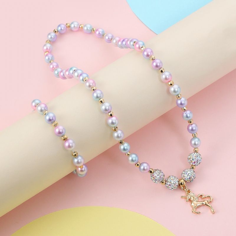 Barn Flickor Armband Tecknad Unicorn Legering Hänge Gradient Bead Halsband Set