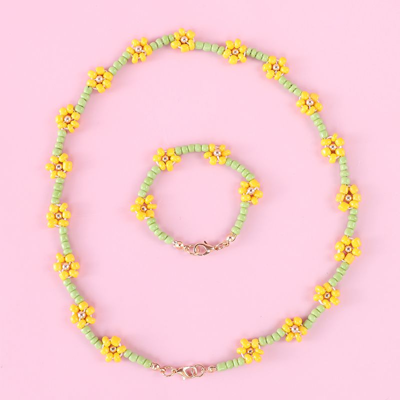 Barnsmycken Set Söt Pärla Flätad Blomma Halsband Armband Set