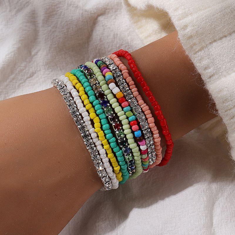 Boho Etnisk Seed Bead Strass Pärlstav Elastiska Armband Berlocker Smycken Present Födelsedagspresenter För Kvinnor Fru Flickor Henne