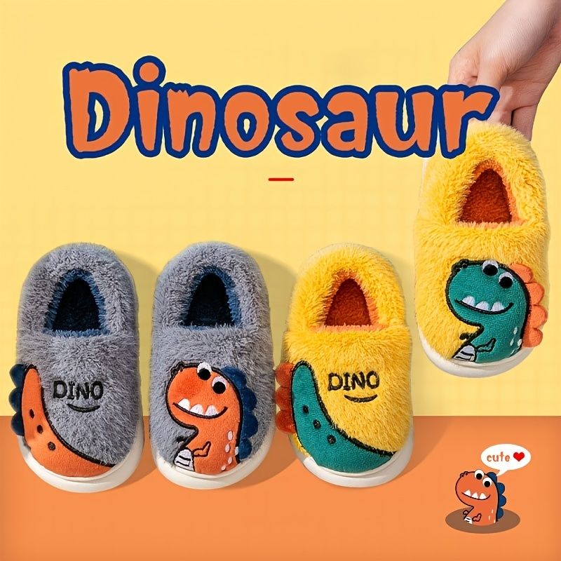 Pojkar Flickor Fritidstofflor Fleece Termisk Tecknad Dinosaurietryck Slip-on Tofflor För Vintern Hem