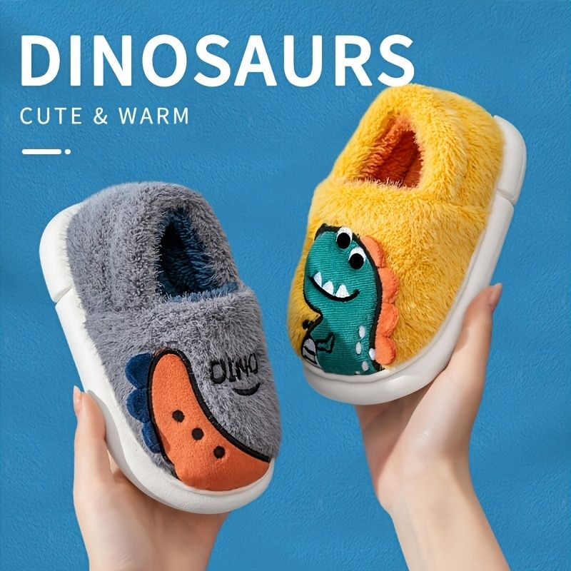 Pojkar Flickor Fritidstofflor Fleece Termisk Tecknad Dinosaurietryck Slip-on Tofflor För Vintern Hem