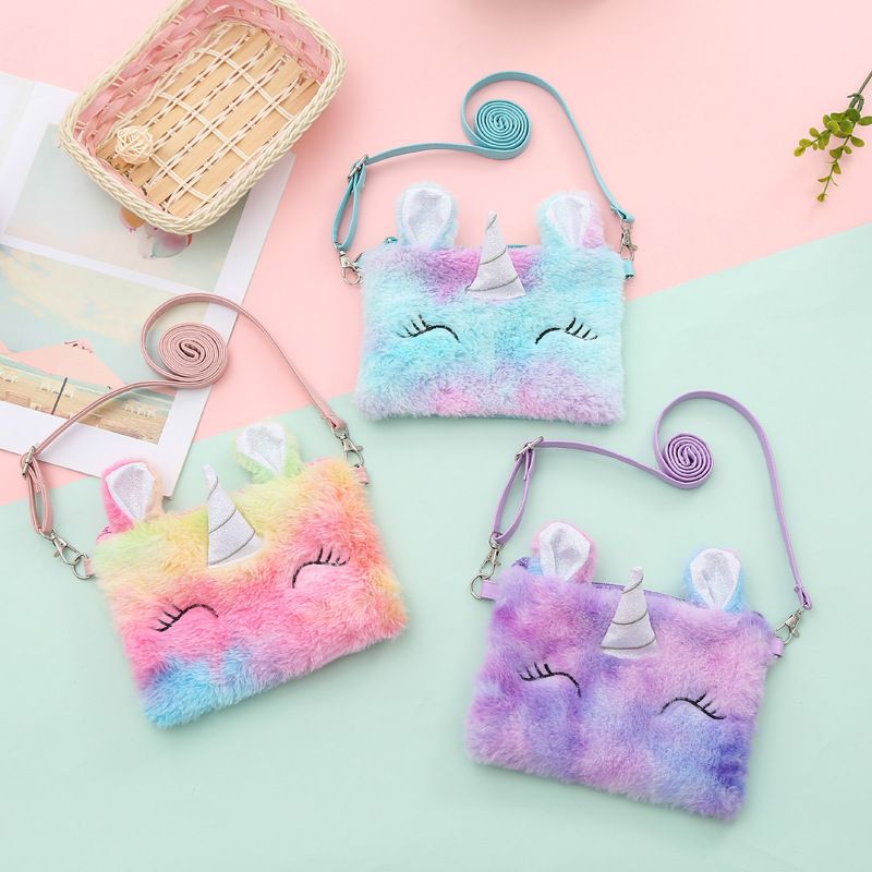 1st Flickor Söt Crossbody-väska Mjuk Tecknad Plysch Unicorn Tie Dye Justerbar Väska