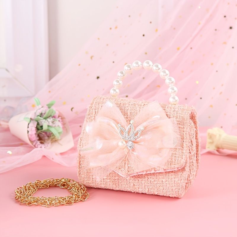 Bebis Flickor Crown Bow Mesh Dekor Pearl Handväska Crossbody Bag Princess Axelväska Kedjeväska