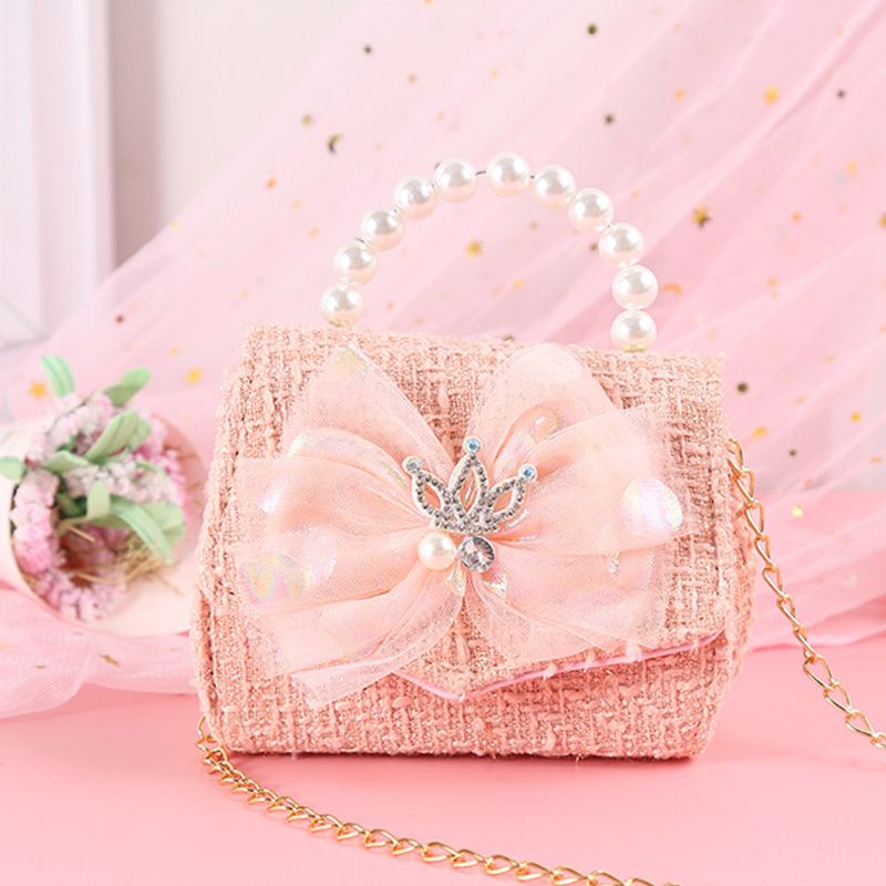 Bebis Flickor Crown Bow Mesh Dekor Pearl Handväska Crossbody Bag Princess Axelväska Kedjeväska