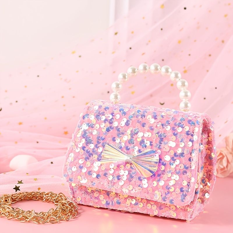 Bebis Flickor Söt Rosett Dekor Pearl Glitter Handväska Crossbody Bag Princess Axelväska Kedjeväska