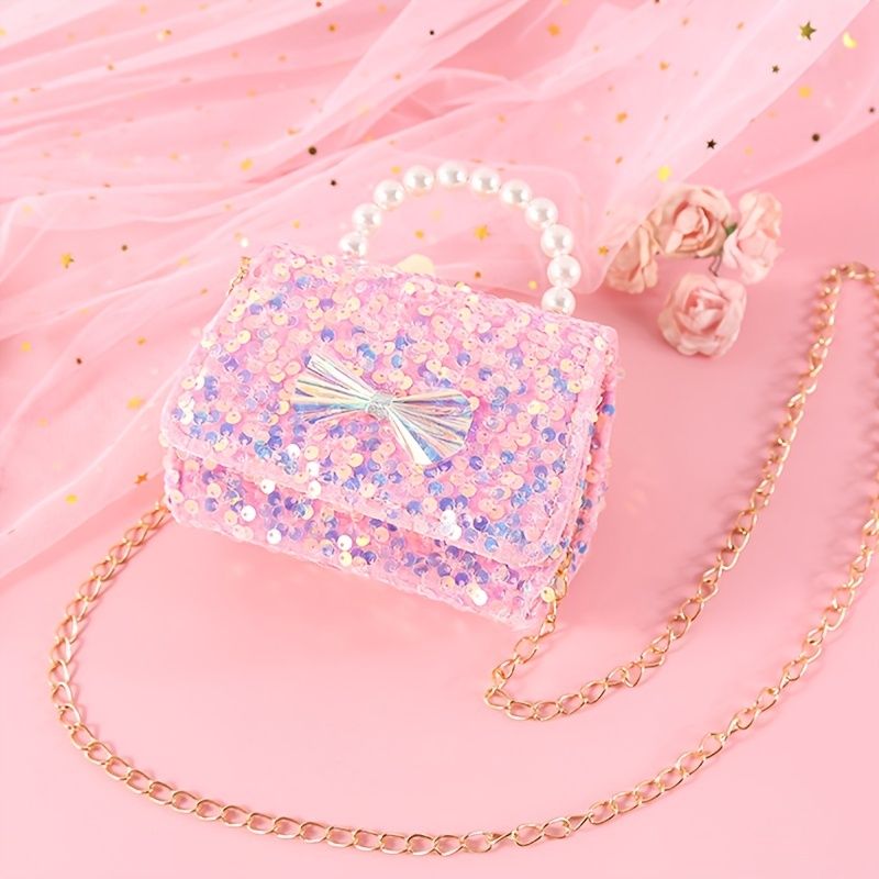 Bebis Flickor Söt Rosett Dekor Pearl Glitter Handväska Crossbody Bag Princess Axelväska Kedjeväska