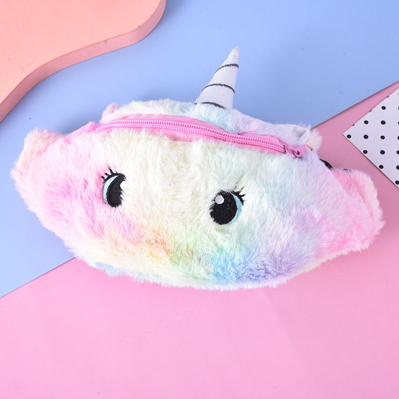 Flickor Plysch Cartoon Unicorn Midjeväska Dragkedja Axelremsväska Messenger Bag Crossbody-väska Myntväska