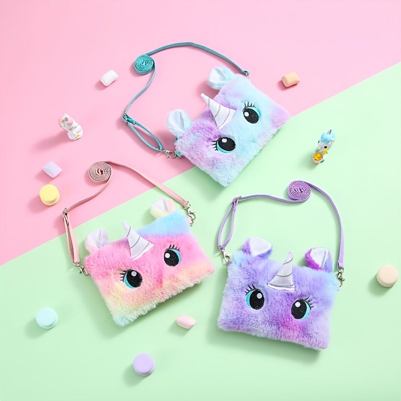 Flickor Söt Unicorn Plysch Blixtlås Messenger Bag Myntväska