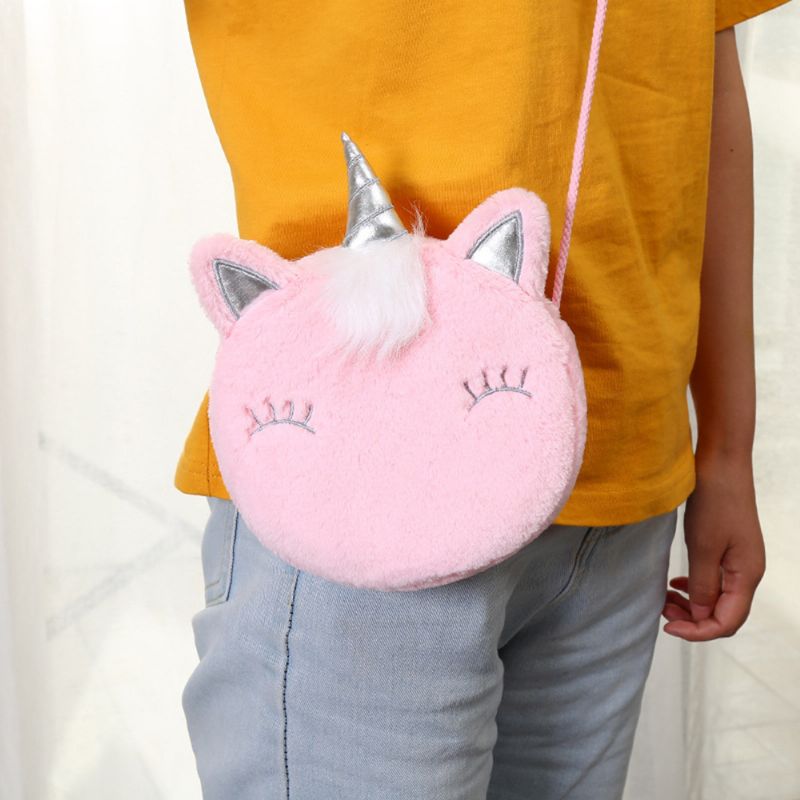 Flickor Söt Unicorn Plysch Dragkedja Axelväska Messenger Bag Myntväska