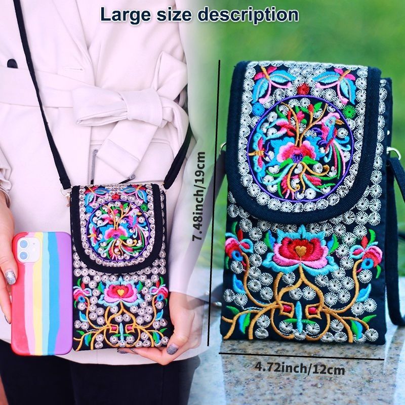 Retro Boho Broderad Telefonväska Mini Ethnic Travel Enaxelväska För Kvinnor Och Tjejer