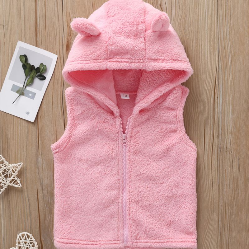 Bebis Flickor Plysch Rosa Djuröron Hooded Zip Vest