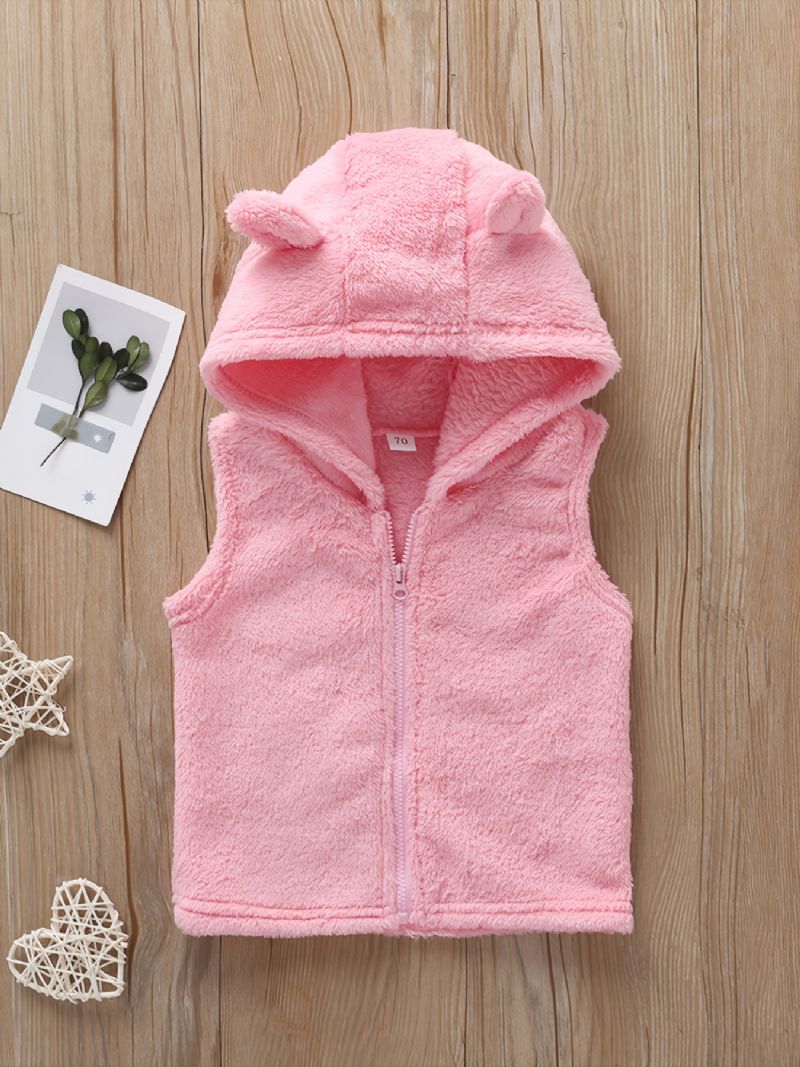 Bebis Flickor Plysch Rosa Djuröron Hooded Zip Vest