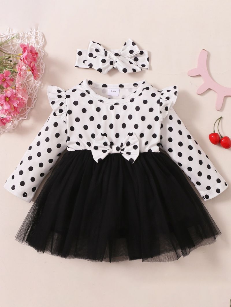 2st Polka Dot Long Sleeev Mesh Klänning & Pannband Set