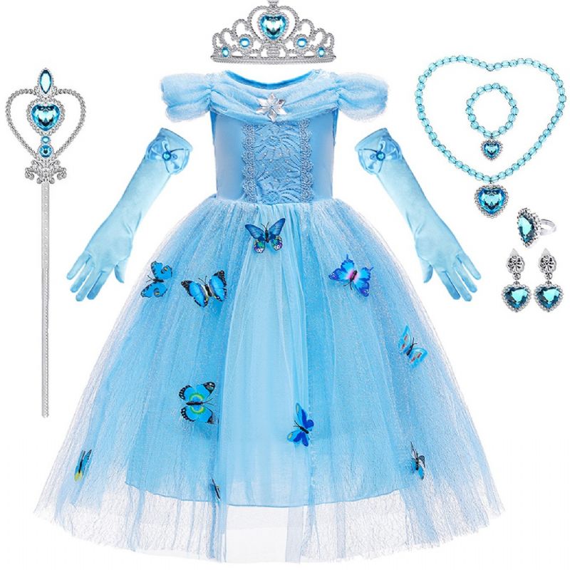 9st Flickor Cinderella Princess Klänning Kostym Smycken Handskar Crown & Wand