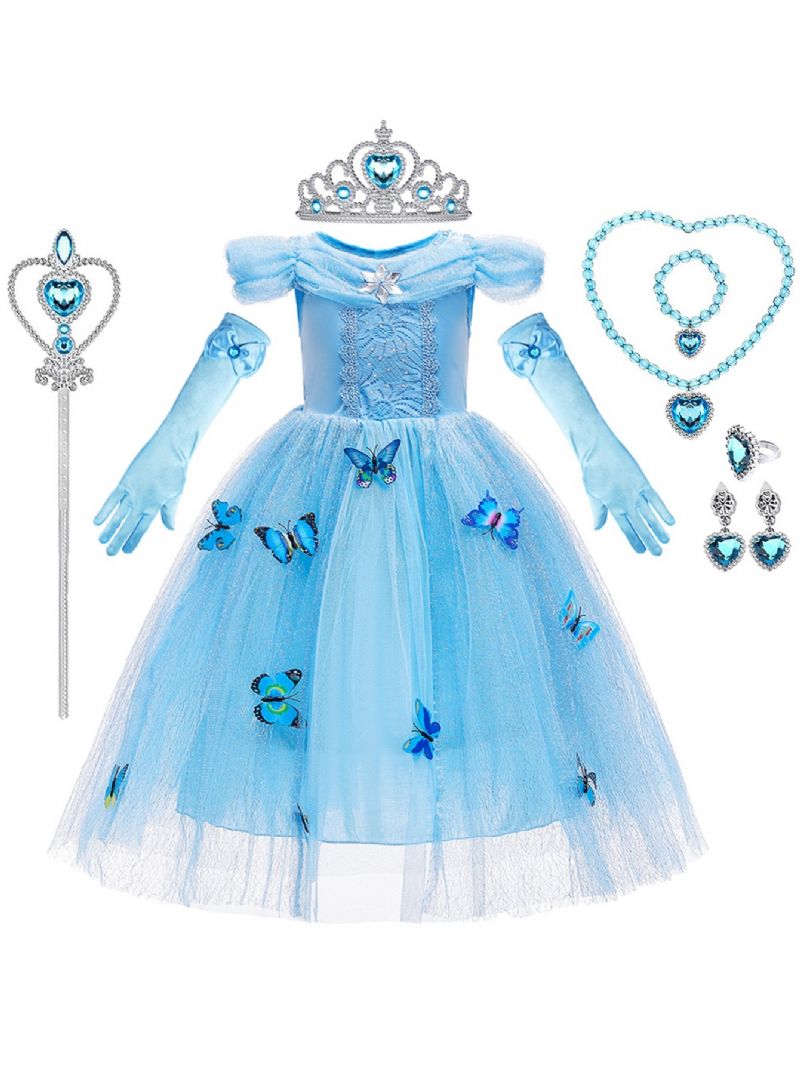 9st Flickor Cinderella Princess Klänning Kostym Smycken Handskar Crown & Wand