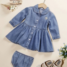 Bebis Flickor Denim Klänning Unicorn Broderi Långärmad & Shorts Set Barnkläder