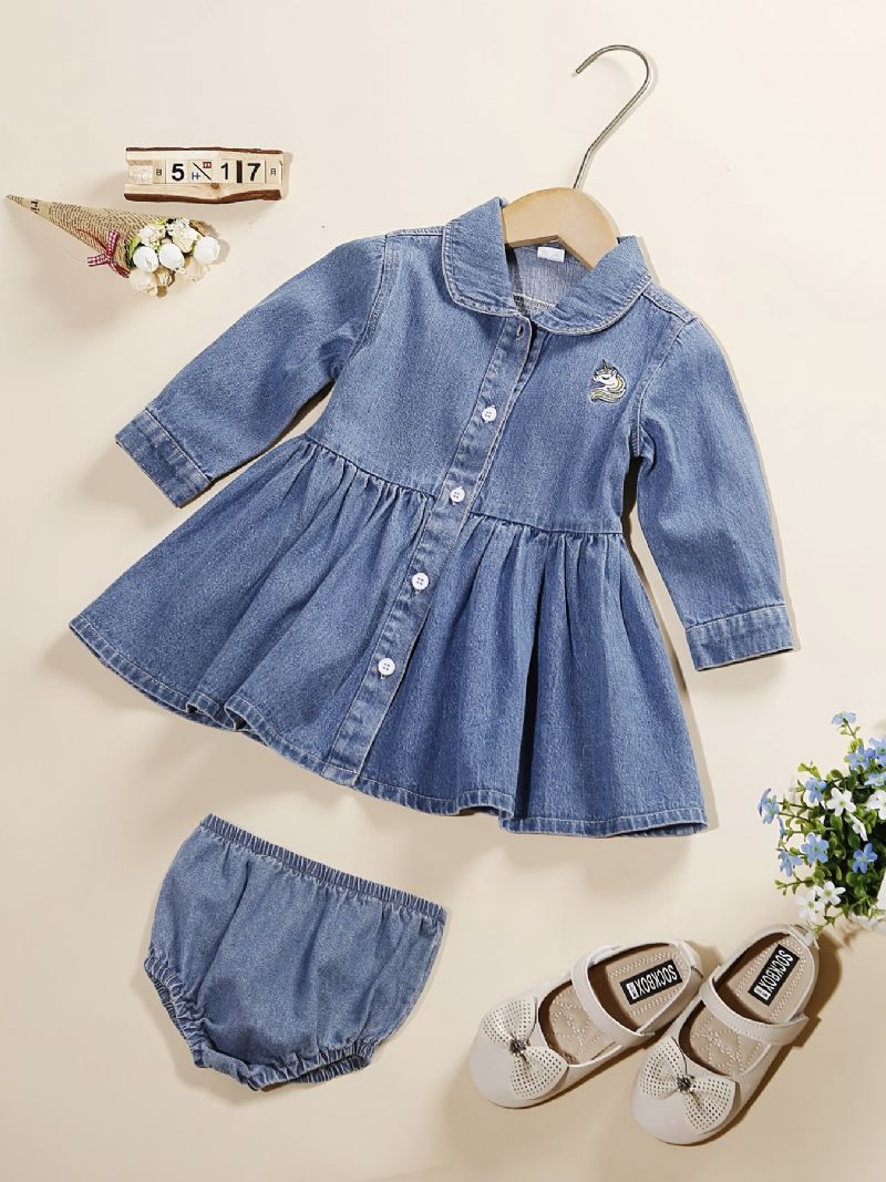 Bebis Flickor Denim Klänning Unicorn Broderi Långärmad & Shorts Set Barnkläder