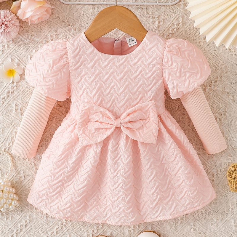 Bebis Flickor Elegant Sweet Puff Sleeve Princess Klänning Med Rosett För Fest Rosa