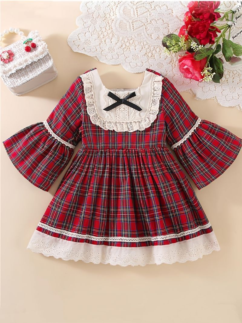 Bebis Flickor Julklänning Rutig Flare Sleeve Spets Princess Dress Barnkläder