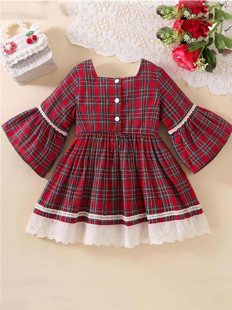 Bebis Flickor Julklänning Rutig Flare Sleeve Spets Princess Dress Barnkläder