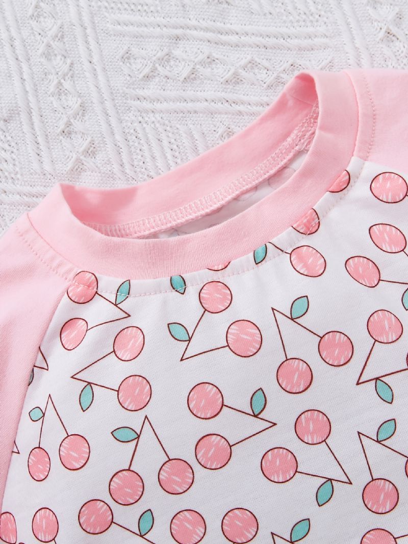 Bebis Flickor Kortärmad Splicing Dress Cherry Print Crew Neck Sommarklänning