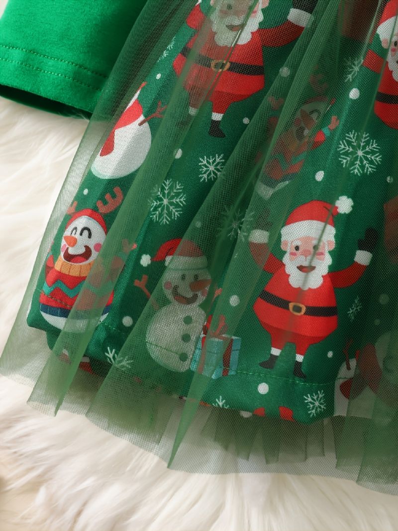 Bebis Flickor Mesh Klänning Julbrev Snögubbe Print Långärmad Rundhals Prinsessklänning Barnkläder Till Jul