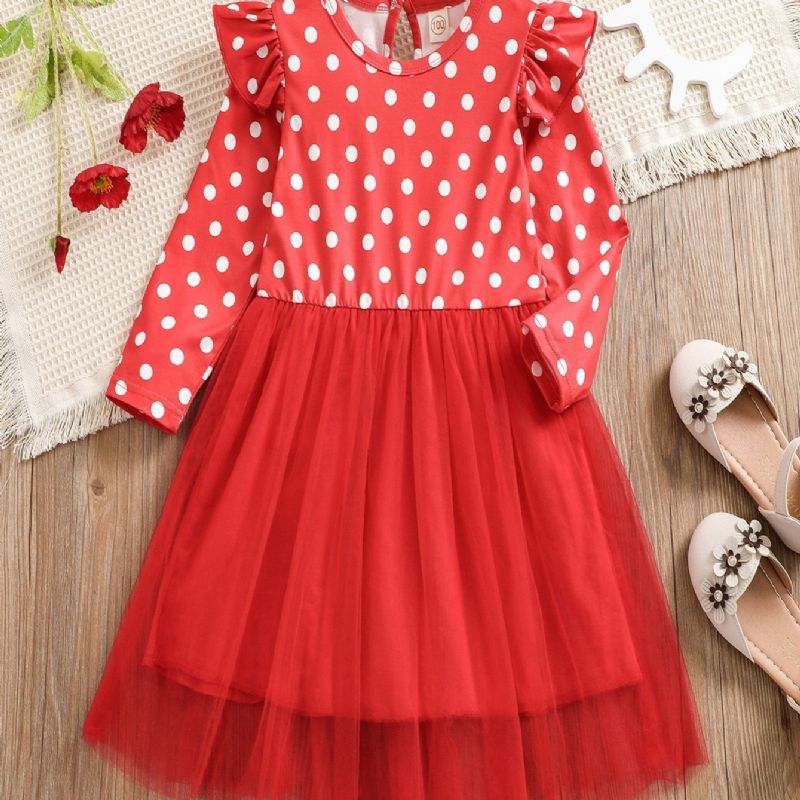 Christmas Flickor Polka Dot Long Sleeve Mesh Dress