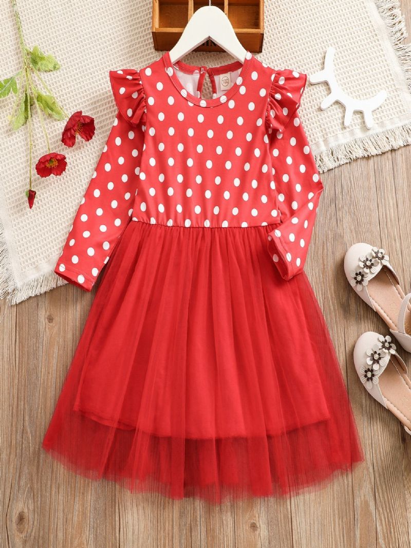 Christmas Flickor Polka Dot Long Sleeve Mesh Dress