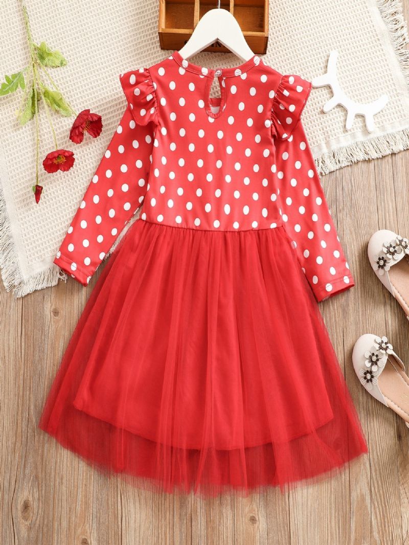 Christmas Flickor Polka Dot Long Sleeve Mesh Dress