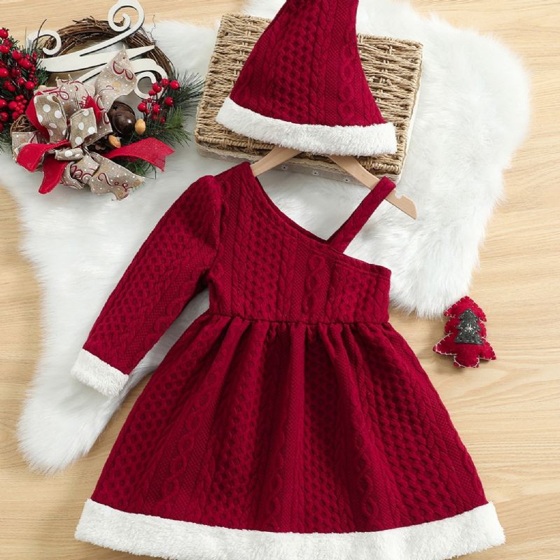 Christmas Price Cuts Flickor One Shoulder Winter Dress & 1st Hat