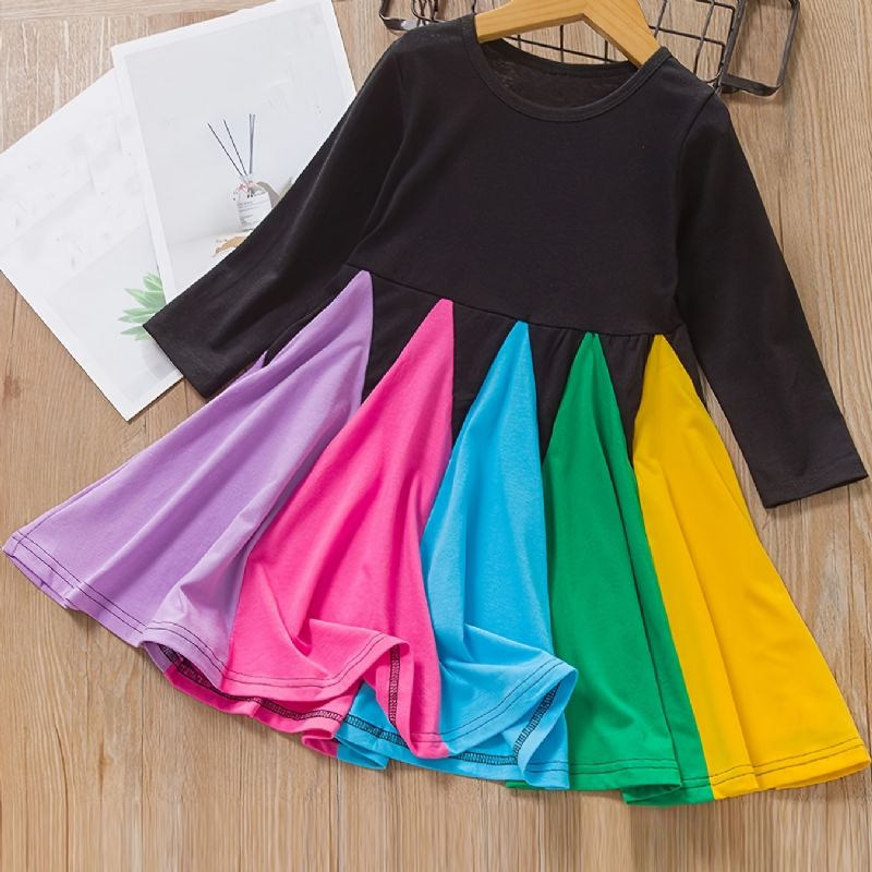 Flickklänning Långärmad Rundhalsad Colorblock Rainbow Ruffle Dress Princess