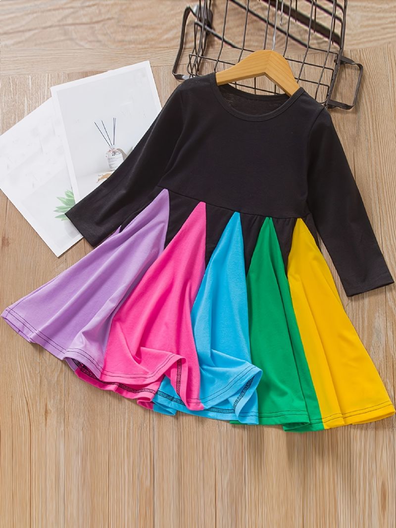 Flickklänning Långärmad Rundhalsad Colorblock Rainbow Ruffle Dress Princess