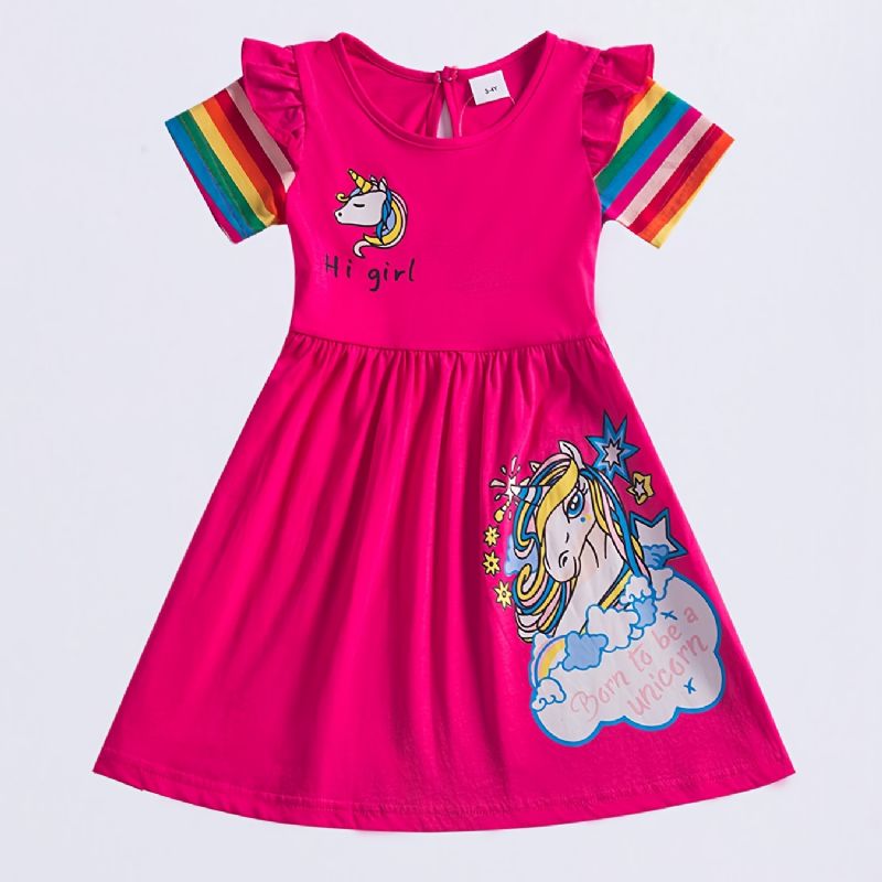 Flickor Casual Cartoon Bomullsklänning Med Unicorn Rainbow Hi Print