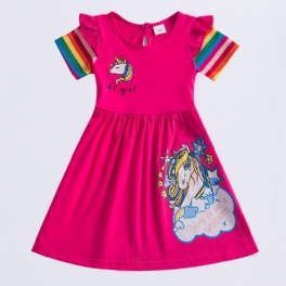 Flickor Casual Cartoon Bomullsklänning Med Unicorn Rainbow Hi Print