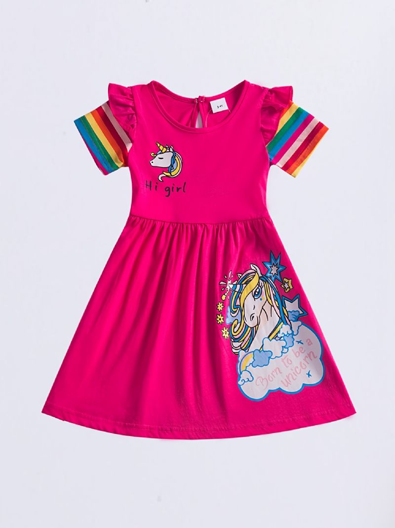 Flickor Casual Cartoon Bomullsklänning Med Unicorn Rainbow Hi Print