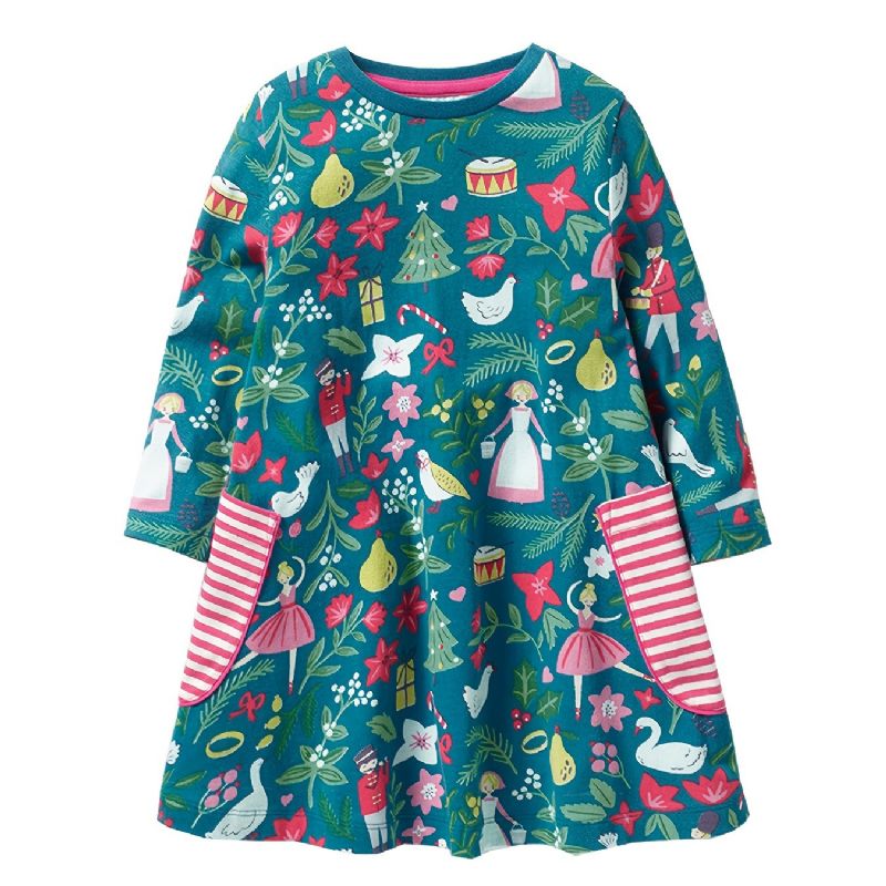 Flickor Christmas Princess Dress Cartoon Print Långärmad Crew Neck Party