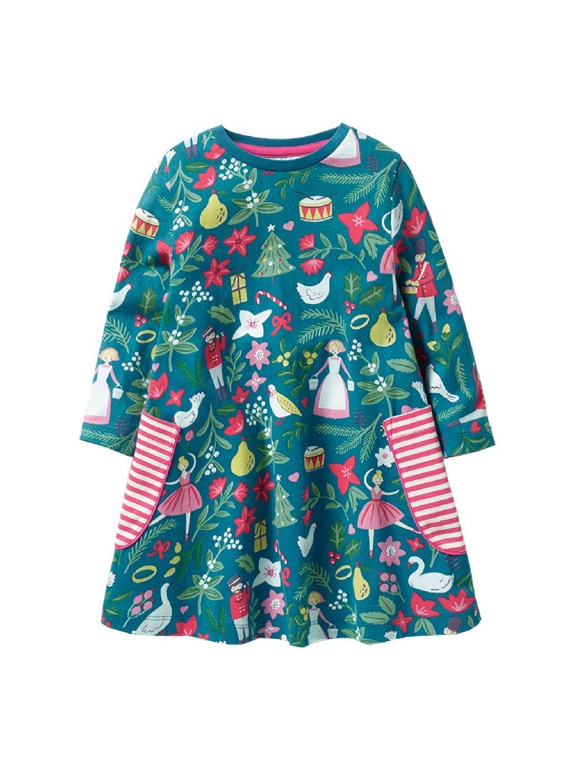 Flickor Christmas Princess Dress Cartoon Print Långärmad Crew Neck Party