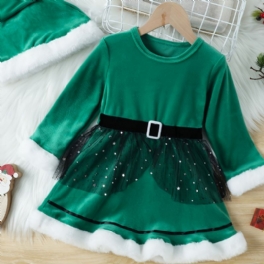 Flickor Elegant Gorgeous Velvet Mesh Princess Dress & Tomte Hatt För Julfest