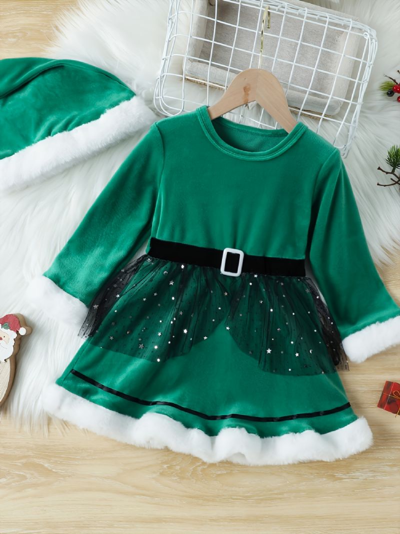 Flickor Elegant Gorgeous Velvet Mesh Princess Dress & Tomte Hatt För Julfest