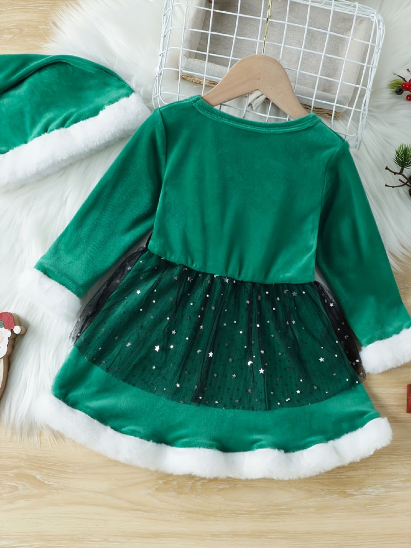 Flickor Elegant Gorgeous Velvet Mesh Princess Dress & Tomte Hatt För Julfest