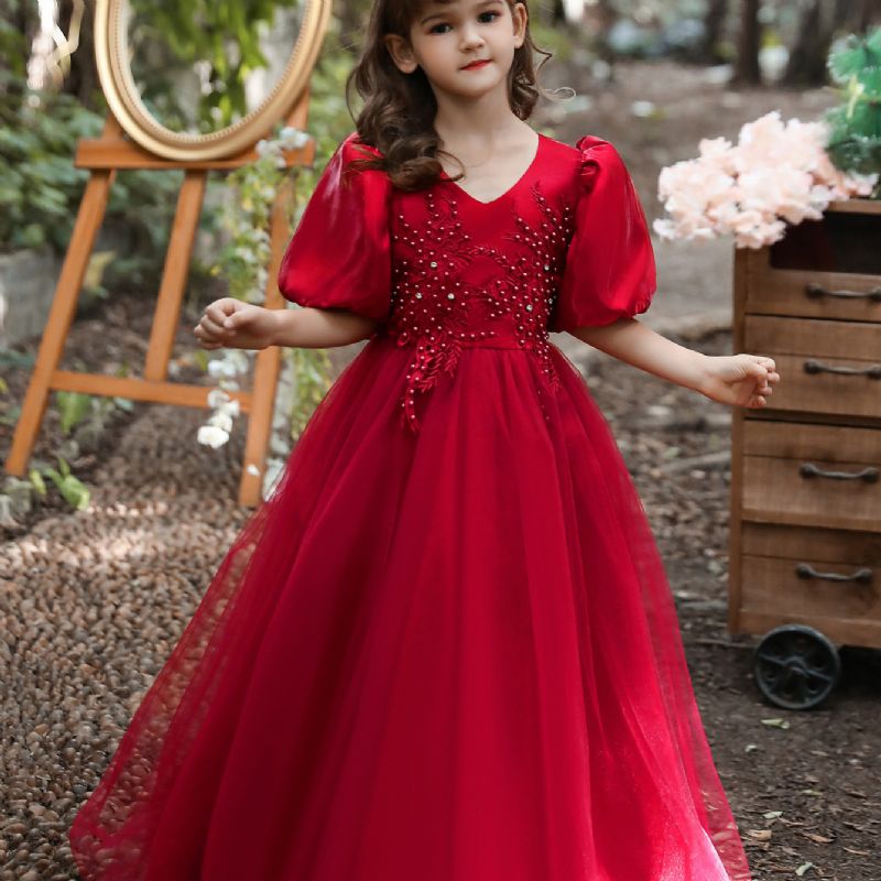 Flickor Elegant V-ringad Puffärmar Broderade Princess Dress Christmas Formella Klänningar