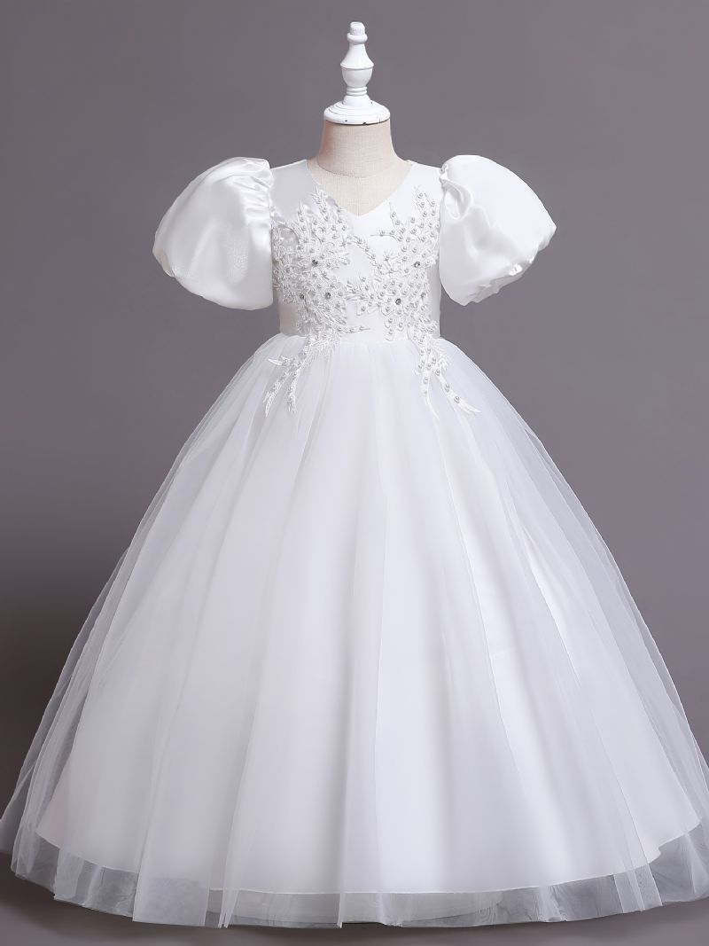 Flickor Elegant V-ringad Puffärmar Broderade Princess Dress Christmas Formella Klänningar