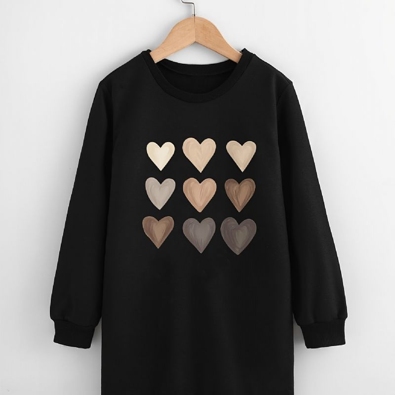 Flickor Heart Print Sweatshirt Klänning Långärmad Crew Neck Dress Barnkläder