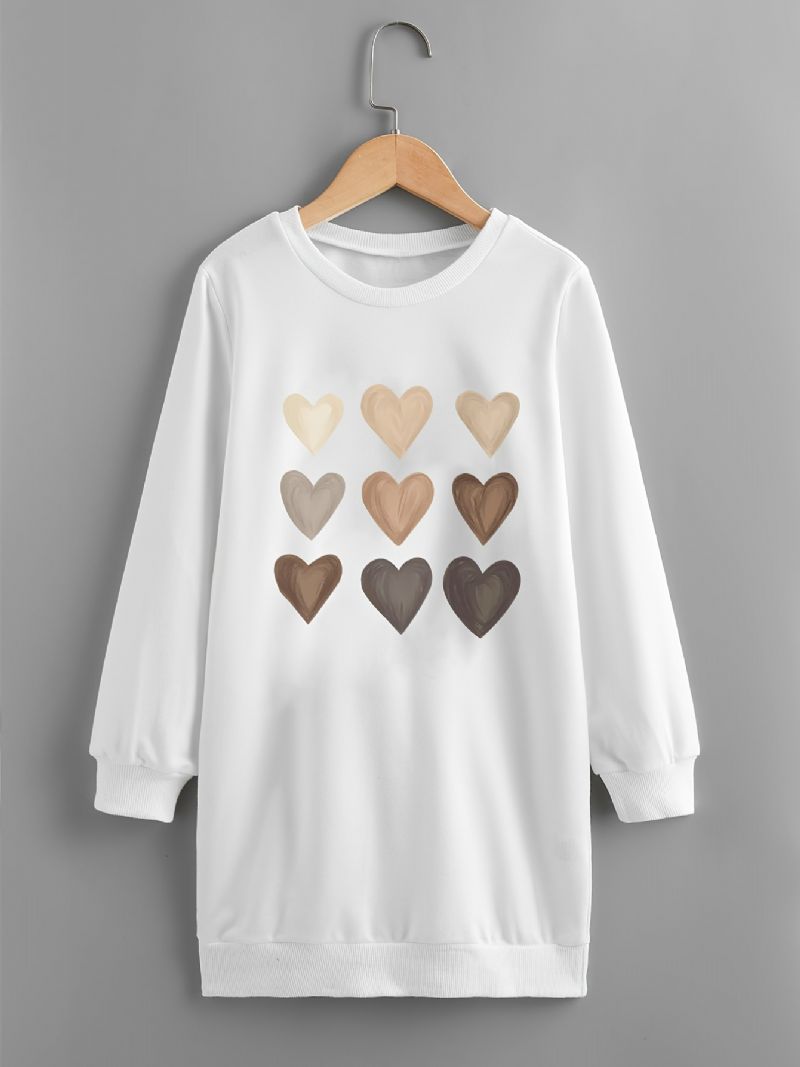 Flickor Heart Print Sweatshirt Klänning Långärmad Crew Neck Dress Barnkläder