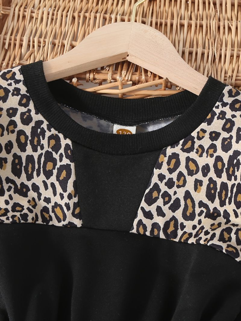 Flickor Leopard Splicing Sweatshirt Klänning Långärmad Crew Neck Barnkläder