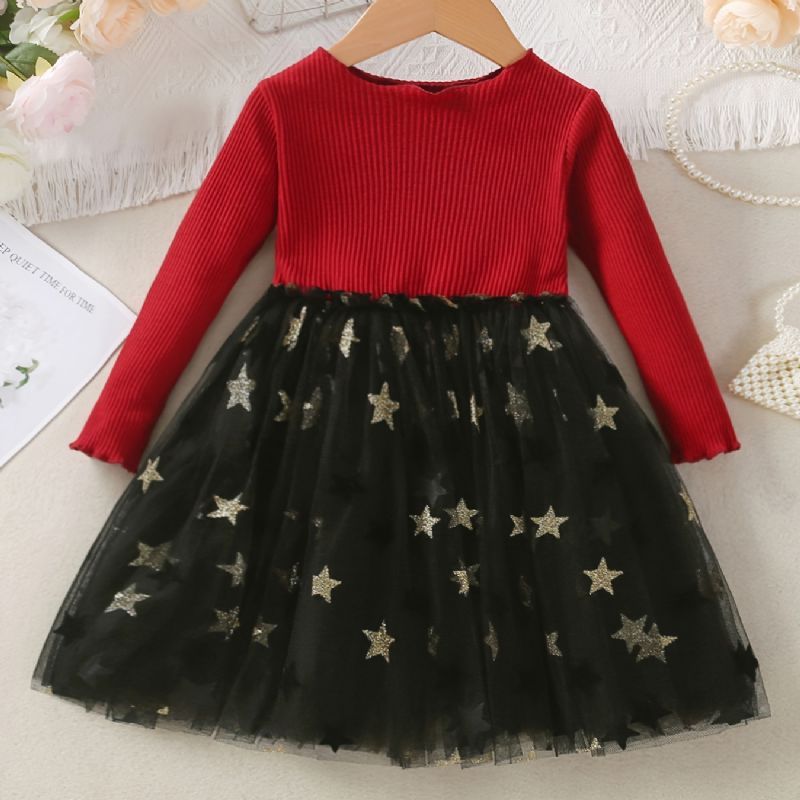 Flickor Long Sleeve Knit Top Mesh Dress Christmas