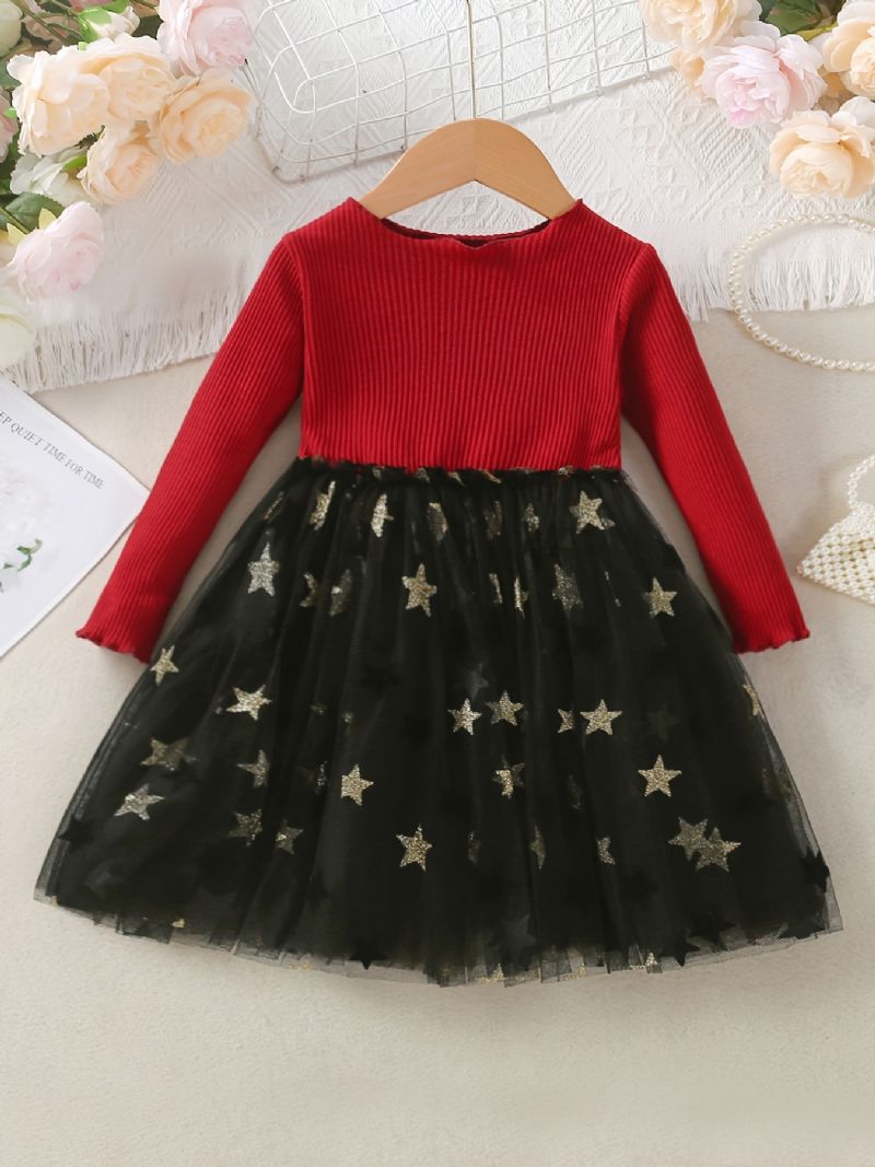 Flickor Long Sleeve Knit Top Mesh Dress Christmas